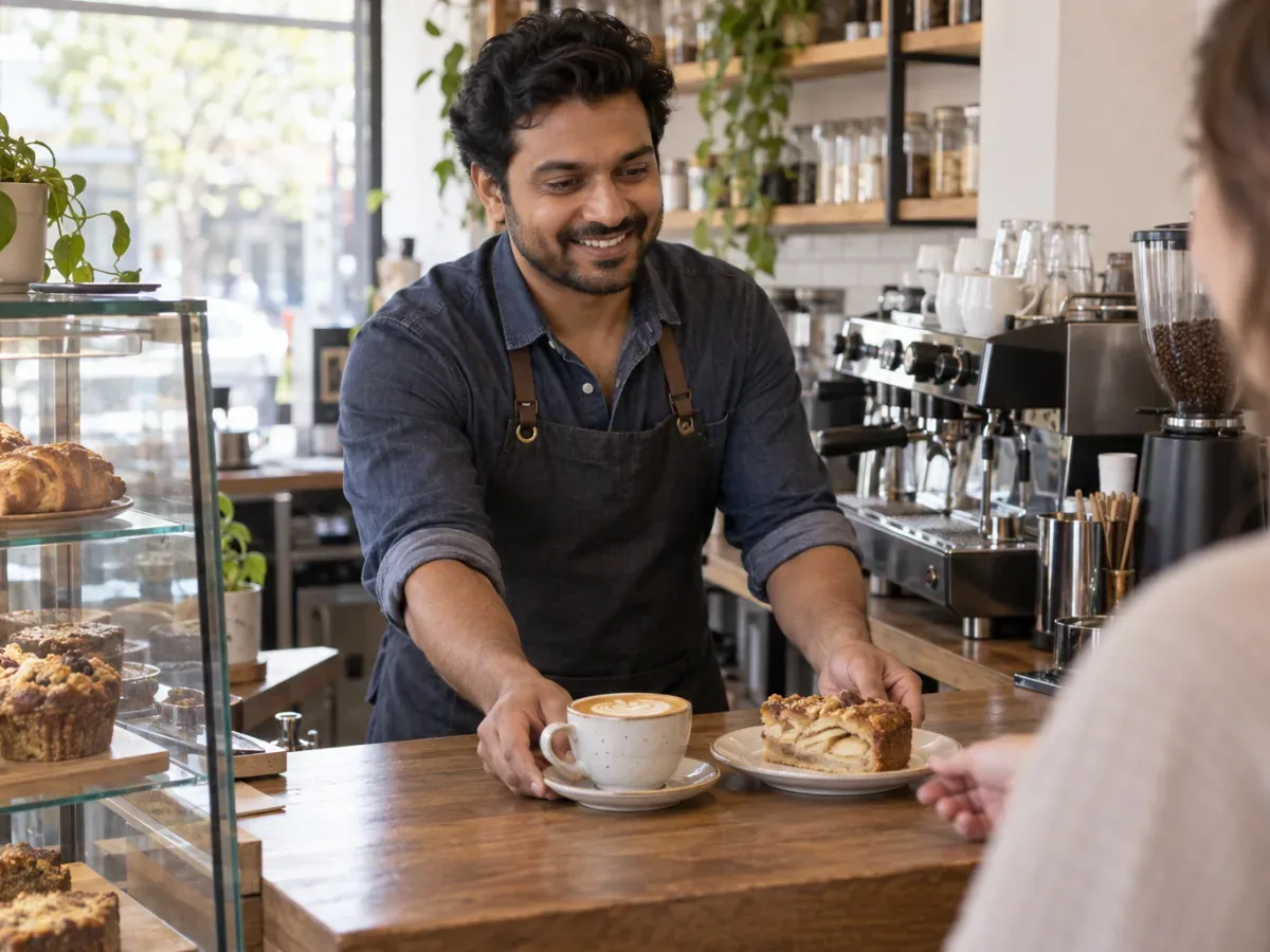 A café owner sliding apple cake and a cappuccino across his counter to a customer