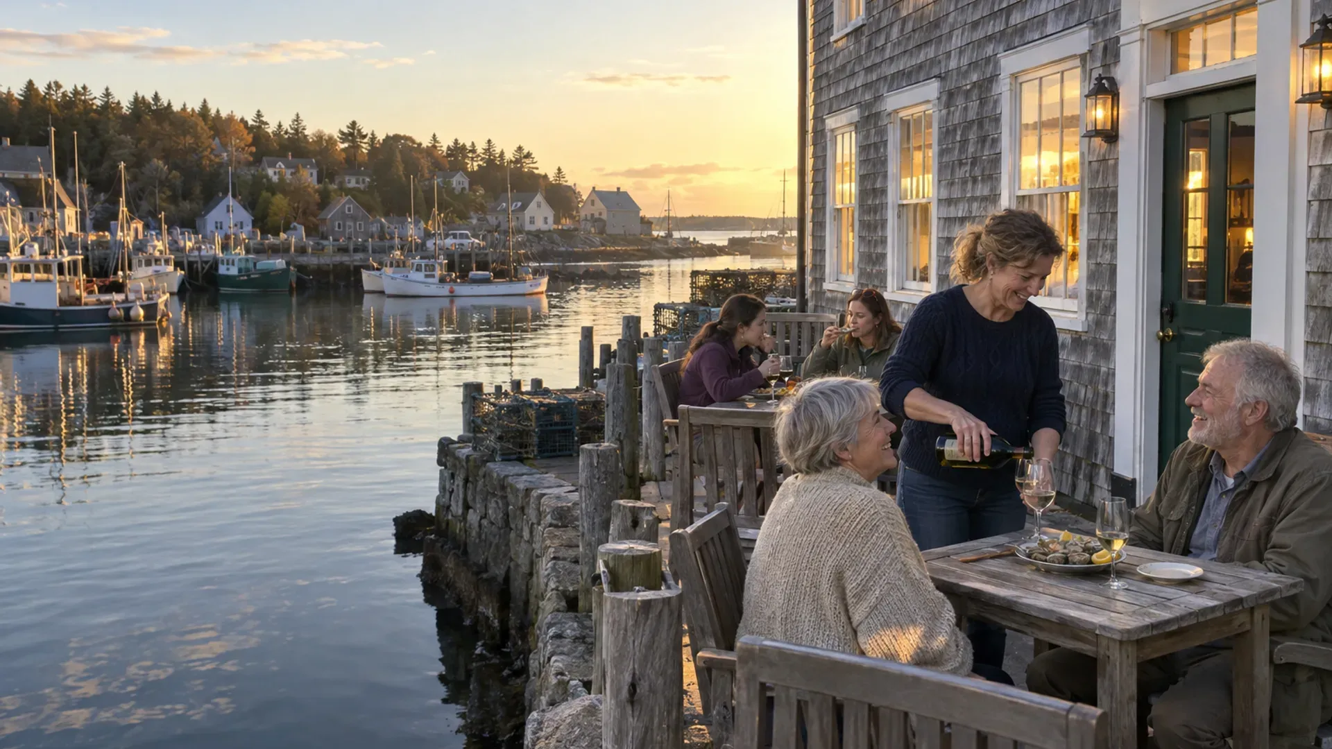 Elin pouring wine for a couple on her small harbour-front terrace on a golden evening, every window of the house lit