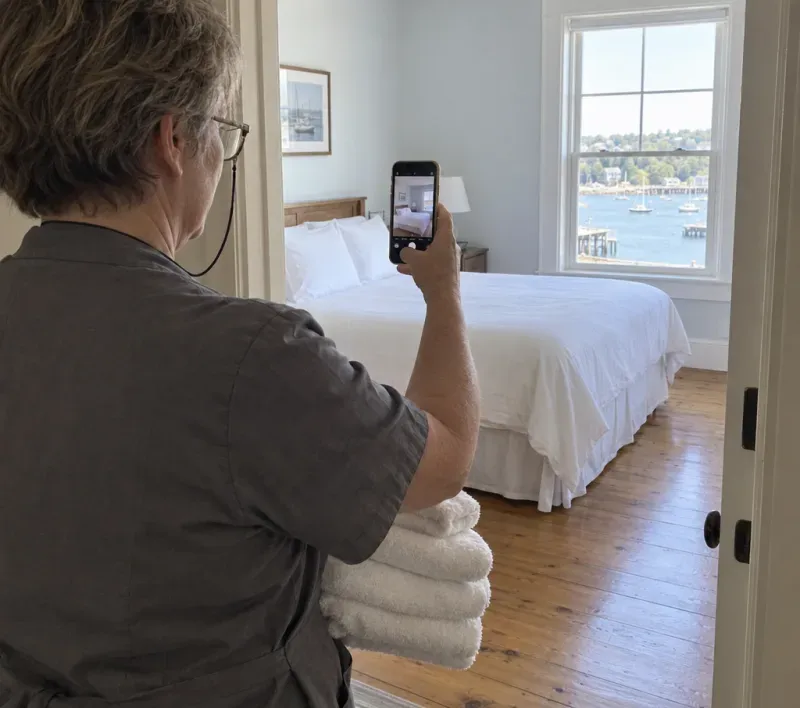 A housekeeper with towels on her arm photographing a freshly made harbour-view room with her phone