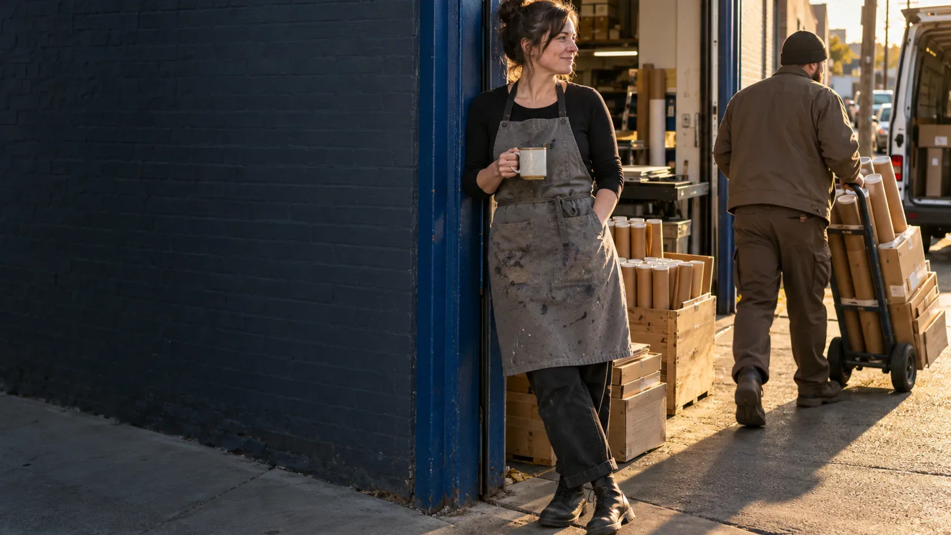 Tessa, the founder, leans in her studio doorway with a mug, smiling as a courier loads a hand truck stacked with the day's orders