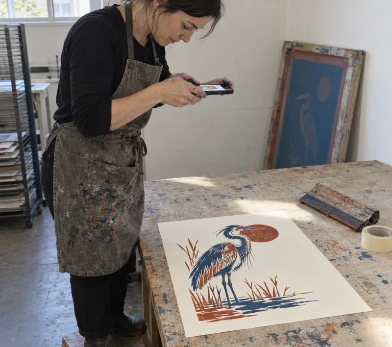 Tessa stands on a stool and holds her phone over a fresh print to photograph it from above