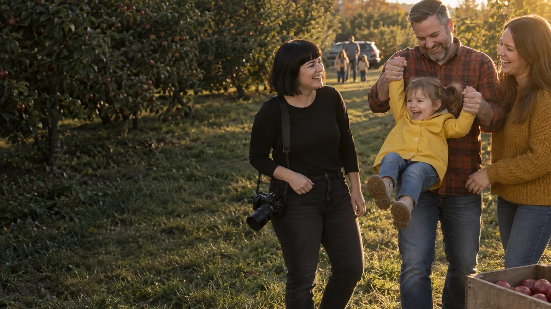 Mira laughing with a family she just photographed in a sunny Hudson Valley orchard