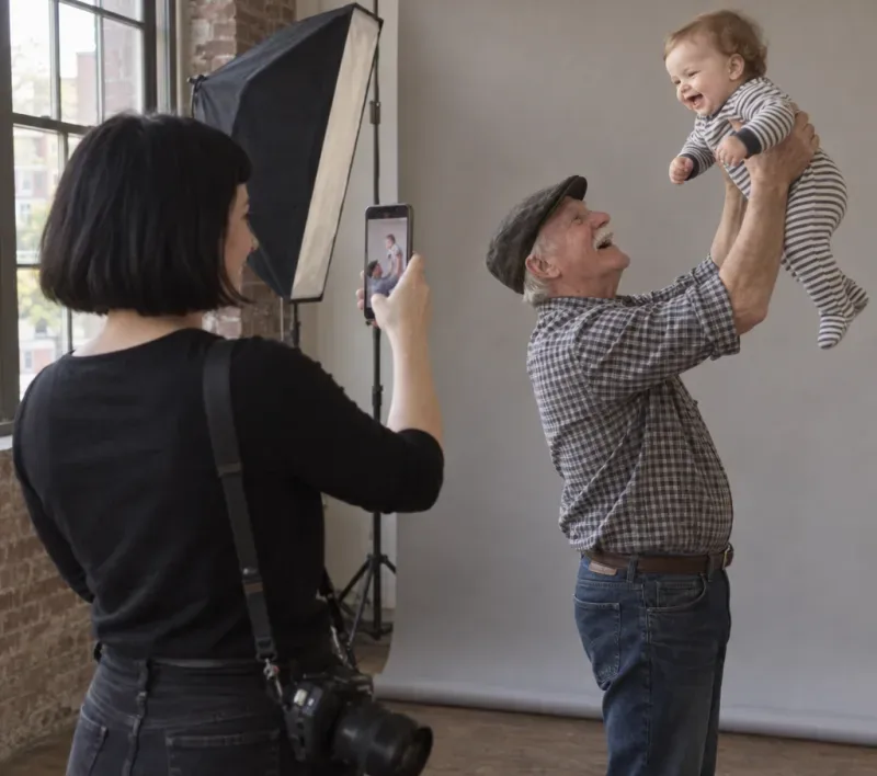Mira filming a behind-the-scenes clip on her phone as a grandfather lifts his baby grandson in her studio