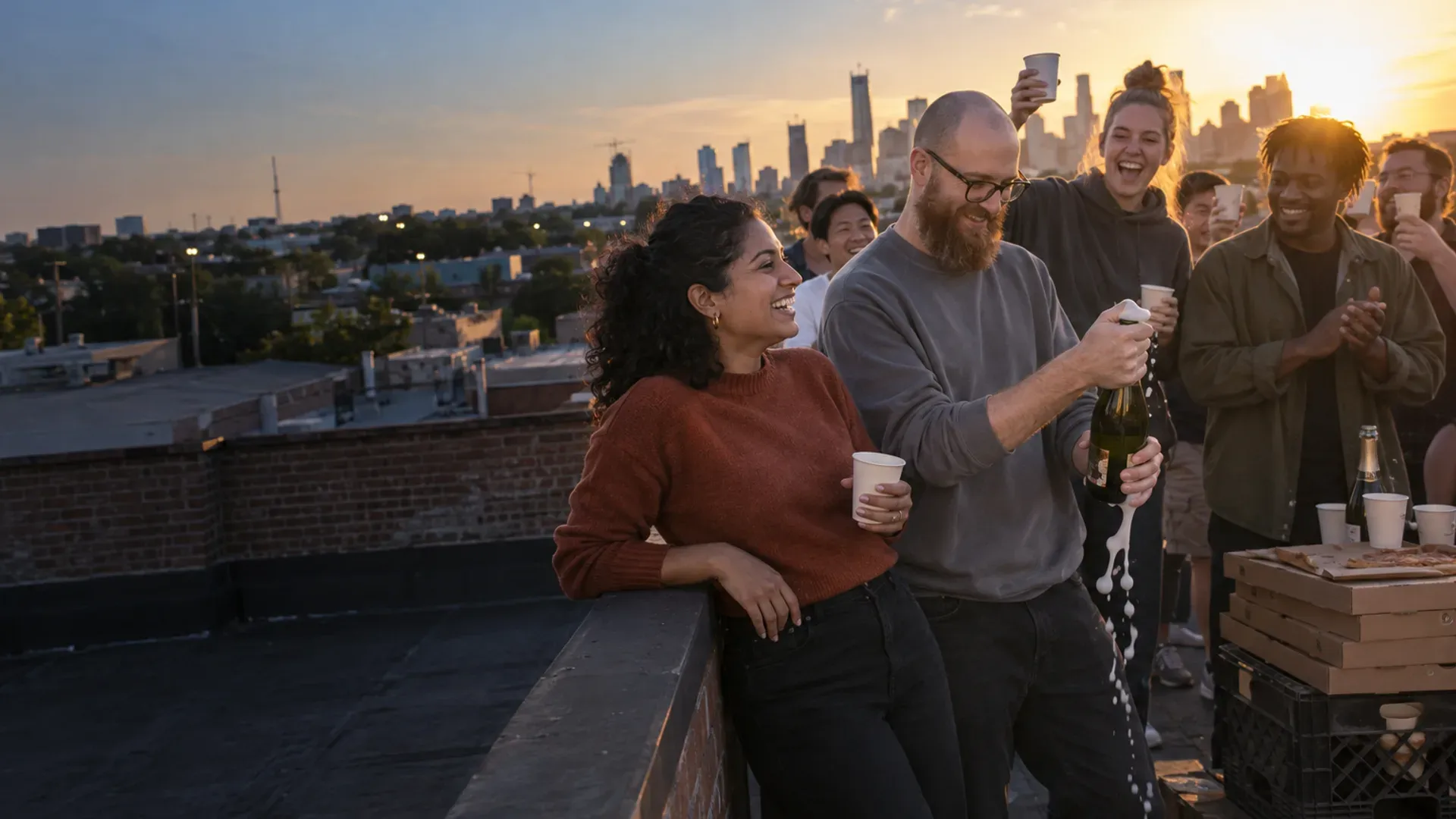 A startup co-founder leans on a rooftop railing in Austin at sunset, laughing with her grown team as they toast a milestone with paper cups and pizza.