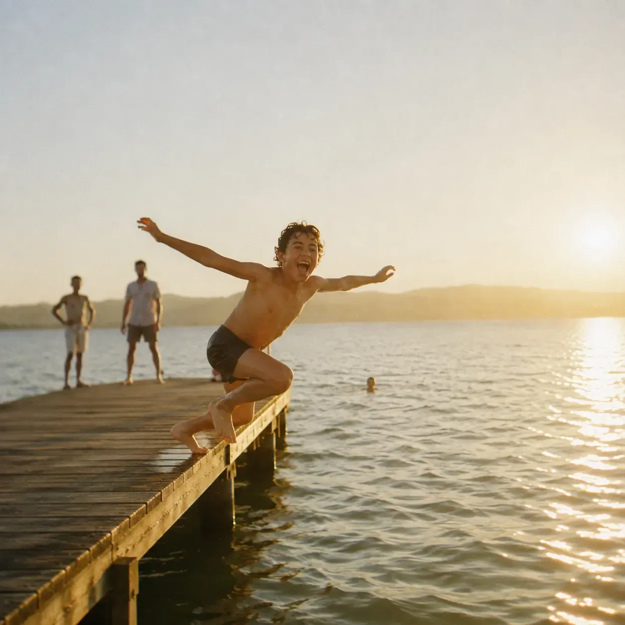 A kid mid-leap off a wooden pier into the sea at golden hour