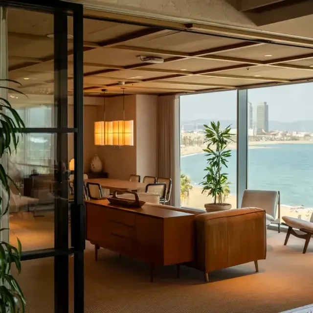 The lounge at Norrsken House, with the sea through the window